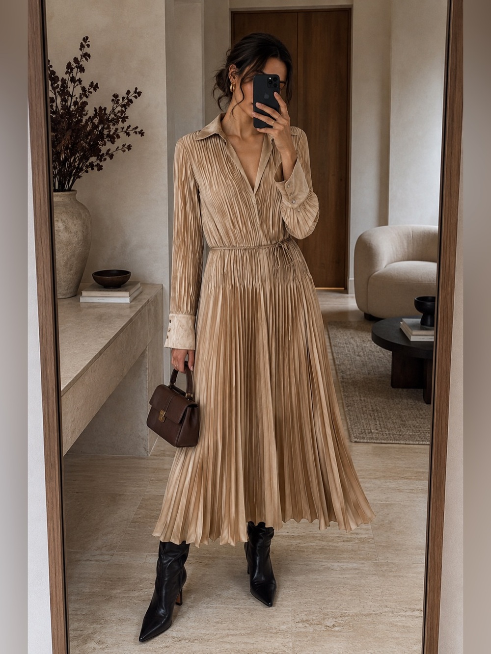 Vince Pleated Satin Long Sleeve Belted Midi Dress Champagne Size M NWT